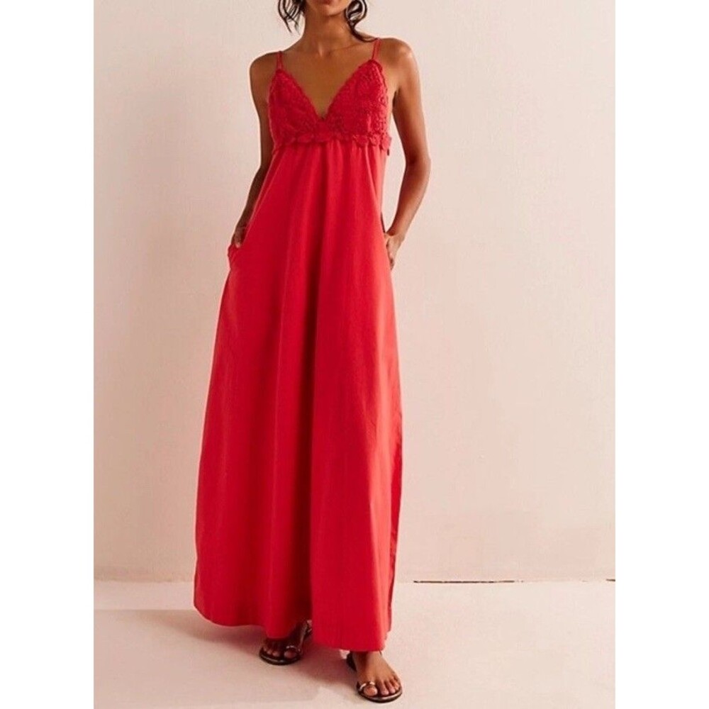 New Free People Lovey Crochet Maxi Dress Coral Red 100% Cotton Med $118. Retail